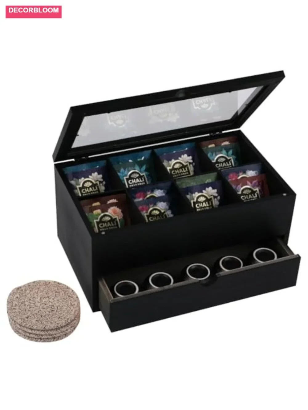 Wooden Tea Bag Organizer with Drawer - Acacia Wood Storage Box with Coasters